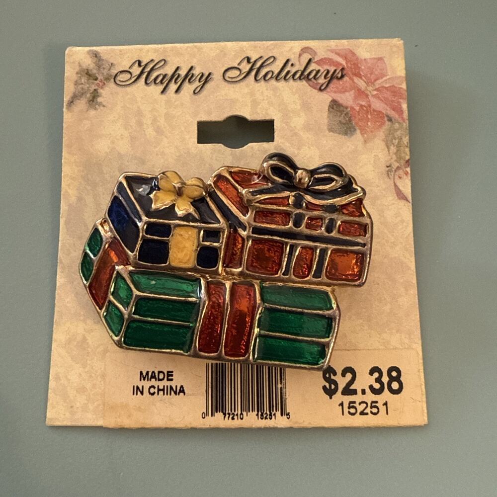 Vintage Christmas Pin Brooch Presents Enamel 1 5/8 Inch